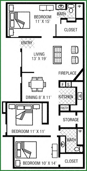 Floor plan for 3 beds, 2 baths, 1200 sqft